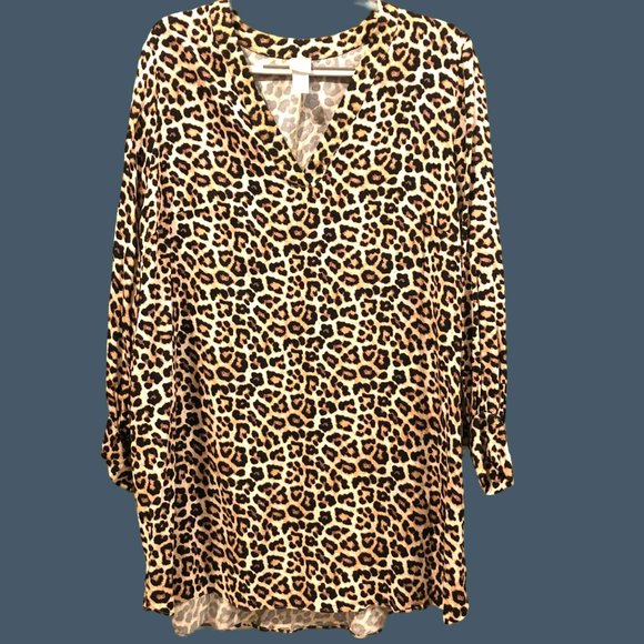 H&M Animal Leapord Print V Neck LS Dress Sz L Comfort Wear Viscose - Picture 1 of 8